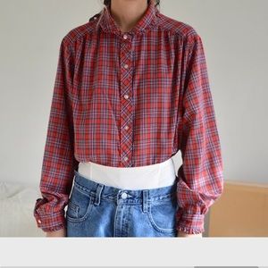 1970s/80s vintage red plaid ruffle collar blouse EUC